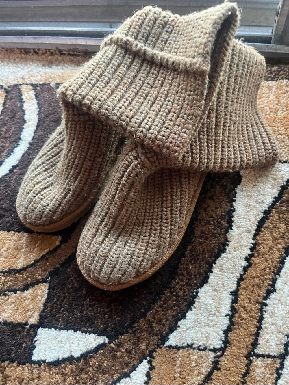 UGG Knit Fold-Over Slipper Boots in Tan